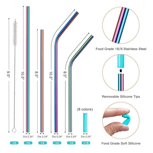 StrawExpert Set of 16 Reusable Stainless Steel Straws with Travel Case Cleaning Brush Silicone Tips Eco Friendly Extra Long Metal Straws Drinking for 20 24 30 oz Tumbler, Rainbow thumbnail 4
