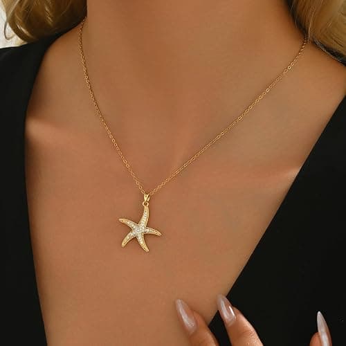 NONAMOIS 18K Gold Plated CZ Starfish Moon Lucky Horseshoe Pendant Necklace for Women Created Round White Opal Choker Necklace Dainty Stainless Steel Jewelry Gifts thumbnail 3