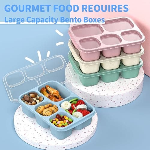 Bento Box Adult Lunch Box - 4 Pack, 5 - Compartment Meal Prep Container for Kids, Reusable Food Storage Snack Containers - Stackable for School, Work, and Travel (Wheat(Green/Blue/Pink/Beige)) thumbnail 4