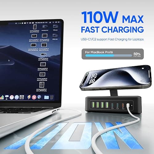 300W USB Charging Station, 11-in-1 USB C Power Strip Surge Protector, 2AC Outlets & 8USB Ports, 5ft Flat Plug Extension Cord with Multiple Devices, Desktop Charger for Home Office Desk Accessories thumbnail 4