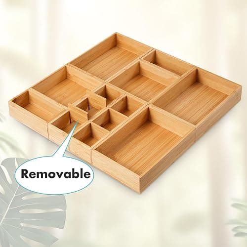 Fabsome Drawer Organizer, Set of 9 Bamboo Wood Kitchen Makeup Desk Junk Tea Drawer Storage Boxes Bins for Cutlery Silverware Utensils Flatware, Small Wooden Container Tray for Bathroom, Office thumbnail 9