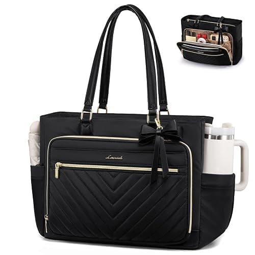 LOVEVOOK Laptop Tote Bag for Women, Work Bag Teacher Tote with Large Cup Holder, Quilted Nurse Diaper Bag for Travel, Computer Women's handbags for Teacher gift, Black, 15.6 Inch - Image 1
