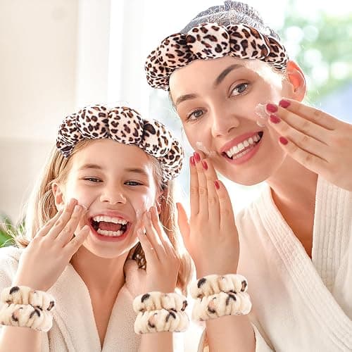 Zkptops Spa Headband for Washing Face Wristband Set Sponge Makeup Skincare Velvet Fabric Bubble Soft Get Ready Hairband for Women Girl Puffy Padded Headwear Non Slip Thick Hair Accessory(Leopard 1) thumbnail 7