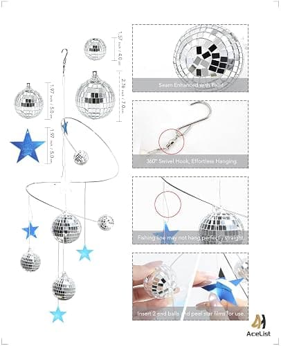 AceList Hanging Disco Ball Decor Suncatcher - Silver Mirror Ball Window Prism for Aesthetic Room Decor, 70s Retro Groovy Boho Party Supplies, Sparkling Spiral Mobile Ornament with Multi-Size Balls thumbnail 3