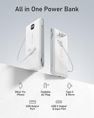 VEEKTOMX Portable Charger with Built in Cables 10000mAh, Power Bank for iPhone with Wall Plug, Travel Essential Fast Charging USB C Slim External Battery Pack for iPhone16/15/14, Samsung, iPad, etc thumbnail 4