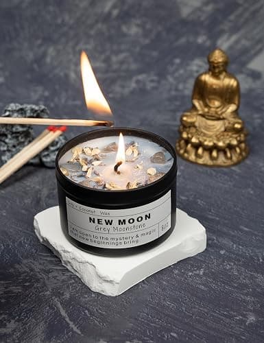 New Moon Gray Moonstone New Beginnings Ritual Energy Gift Grounding Manifestation Intention De-Stress Good Fortune Success Protection Meditation Magic Hande Made Candle(8oz). thumbnail 4