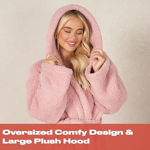 OHS Womens Dressing Gowns Teddy Fleece, Warm Cosy Fluffy Dressing Gown Bathrobes Women Hooded Luxury Oversized Ladies Mens Dressing Gown, One Size thumbnail 2