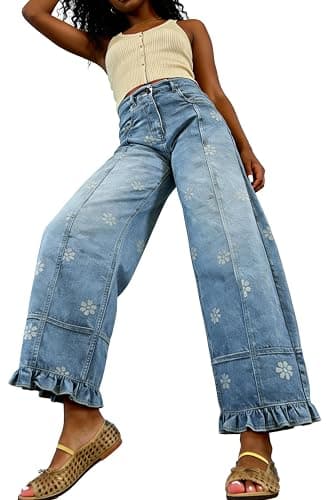 utcoco Barrel Jeans Women 2026 Floral Print Wide Leg Jeans Y2k Patchwork Baggy Boyfriend Denim Pants thumbnail 5