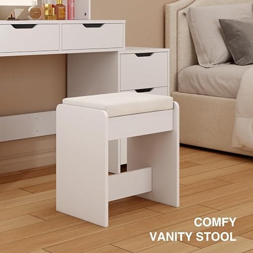 Aiho Makeup Vanity Desk with Mirror & Lights, 43.5" Table with 5 Drawers & Shelves, Adjustable Brightness & 3 LED Modes - Dressing Table Set for Bedroom, White thumbnail 6