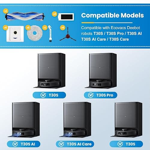 22 Pcs Accesories Kit for ECOVACS DEEBOT T30S / T30S PRO / T30S AI / T30S AI CARE Vacuum, Replacement Parts Include 1Rubber Brush, 4 Filters, 6 Pads, 6 T30S Dust Bag, 4 Side Brush and 1 Cleaning Tool thumbnail 2
