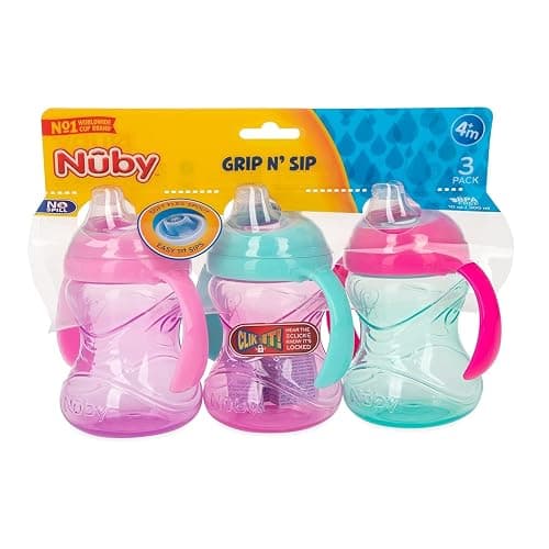 Nuby Clik-It Grip N' Sip Soft Spout No-Spill Training Sippy Cup with Handles - (3-Pack) 10 oz - 4+ Months - Aqua/Purple/Pink thumbnail 9