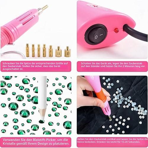 Baxczomx Hotfix Applikator Set, Hotfix Strasssteine Applikator mit 7 Applikatorspitzen, 2 Boxen Hotfix Strasssteine Glitzersteine für Textilien, Hotfix Strass Applikator für DIY Kleidung Schuhe (Rosa) thumbnail 4