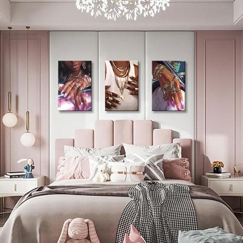 NCYEL 3Pcs Black Girls Wall Art African American Fashion Canvas Print Luxury Shiny Picture Gold Jewelry Decorative Prints Posters Bedroom Living Room Salon Artwork 12X16Inch thumbnail 6