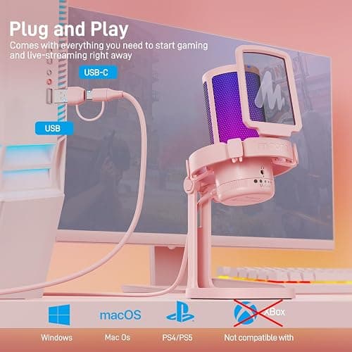 MAONO USB Gaming Microphone for PC, Noise Cancellation Condenser Mic with RGB, Mute, Gain, Computer Desk Mic for Streaming, Podcast, Chat, Twitch, YouTube, Discord, PS5, PS4, GamerWave DGM20 Pink thumbnail 7