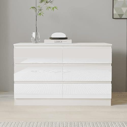 Nera High Gloss 6 Drawer Chest of Drawers Wood, Dresser Drawers for Bedroom Furniture Storage Unit Drawers for Clothes (White Gloss (Matt White)) thumbnail 2
