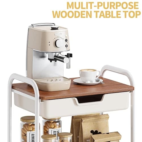 TOOLF 3 Tier Rolling Cart with Drawer, Metal Utility Storage Cart, White | Wooden Tabletop, Lockable Metal Wheels, Trolley Organizer for Bathroom, Kitchen, Office, Nursery, Dorm, Laundry, Craft Room thumbnail 6