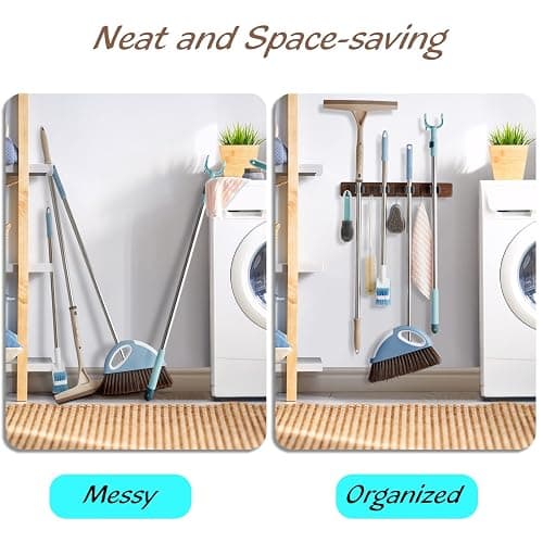 OUTNILI Mop and Broom Holder Wall Mount - Rustic Wood Broom Mop Hanger - Wall Mounted Garden Tool Rack Organizer for Closet Garage Laundry Room Kitchen Decor With 4 Slots & 4 Hooks thumbnail 5