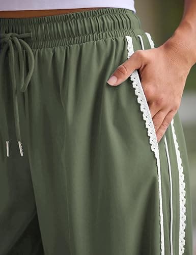 Yeokou Women's Wide Leg Sweatpants Side Stripe Crochet Slip on Drawstring Casual Running Track Palazzo Pants with Pockets thumbnail 7