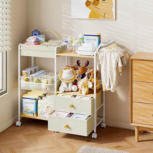 BBLIKE Diaper Caddy Organizer with Hanging Rack - 3 Tier Rolling Baby Storage Cart with Drawers and Side Pockets for Newborn Diaper Organization for Nursery, Crib, Bedroom, Changing Table, Beige - Image 1