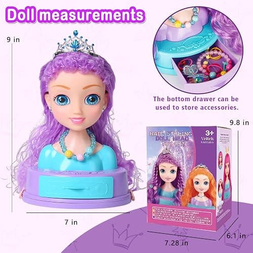 Kryonixty 4-in-1 Doll Head for Hair Styling Kids-9Inch,Hair Salon Toys Makeup Kit Princess Accessories Pretend Play Toys Birthday Gifts for 3-8 Year Old Girls thumbnail 2