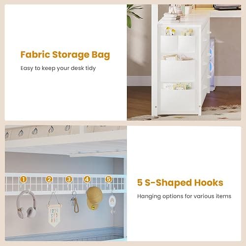ADORNEVE Loft Bed Full Size with U-Shaped Desk, 6 Storage Drawers, Power Outlet, LED Metal Loft Bed with 2 Storage Shelves, Bed with Safety Guardrail & Ladders,Space-Saving,White thumbnail 9