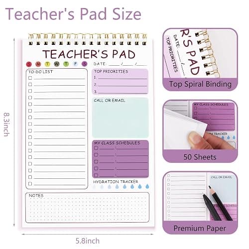 Teacher To Do List Notepad, 8.3x5.8 Inch Teacher Notepad, Spiral Checklist Notebook for Class Schedules, Daily Planner, School Tasks and Goal Setting (Purple) thumbnail 3