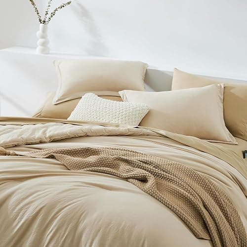 WRENSONGE Full Size Comforter Set- 7 Pieces Soft Beige Bed in a Bag Full with Fitted Sheet, Flat Sheet, 2 Pillow Shams, 2 Pillowcases, Warm Bedding Sets for All Season thumbnail 2