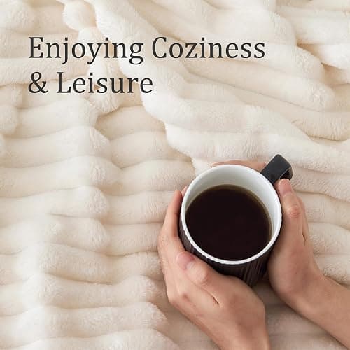 BEDELITE Fleece Throw Blanket for Couch - 300GSM Soft & Warm Fluffy Cream White Blanket, Decorative and Giftable Striped Blankets for Women, Men, 50"x60" thumbnail 4