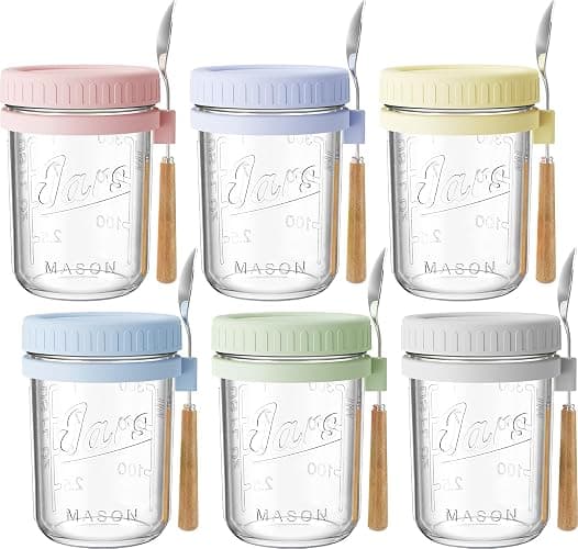 16oz Glass Overnight Oats Containers with Lids & Spoons, 6 Pack MultiColor | Wide Mouth Glass Jars with Airtight Lids, Perfect for Chia Pudding, Yogurt, Salad & Cereal Meal Prep Storage, Food Safe - Image 1