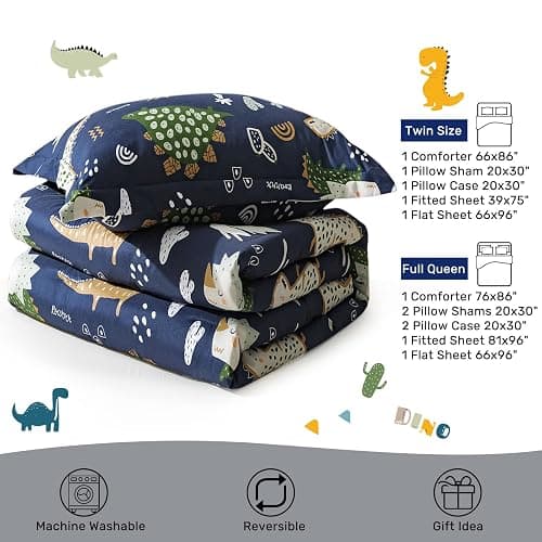 HollyHOME 5 Pieces Teens Bed in A Bag Comforter Set Dinosaur Pattern Bedding Set for Boys, Blue, Twin thumbnail 6