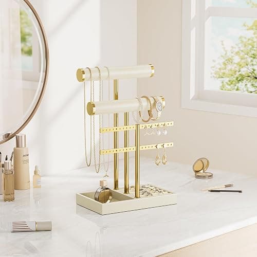 bussdis 3 Tier Bracelet Holder Display - Beige Leather Bracelet Holder, Detachable T Bar Jewelry Holder Organizer for Bracelet, Necklace, Earrings, Rings, Watches, Bangle thumbnail 4