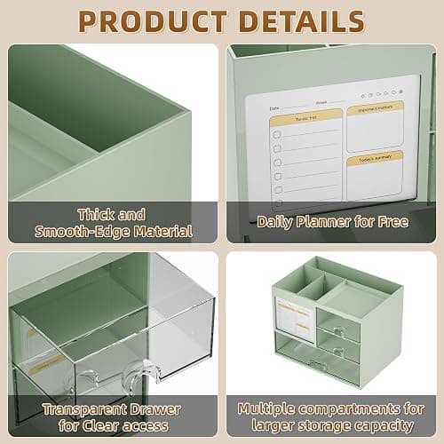Marbrasse Desk Organizer with 3 Drawer, Multi-Functional Pencil Pen Holder for Desk, Desk Organizers and Accessories with 4 Compartments, Desktop Organizer Storage for Office Home Supplies (Green) thumbnail 6