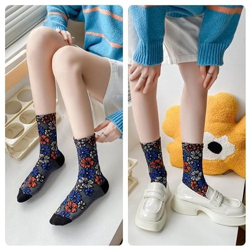 FORJMMP Vintage Embroidered Floral Socks for Women, Combed Cotton Crew Socks thumbnail 6