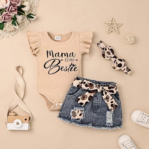 CETEPY Baby Girl Clothes Newborn Romper Ruffle Sleeve Short Jeans Skirt with Headband Infant Outfits Set 0-18 Months thumbnail 2