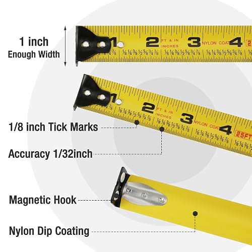 WORKPRO 25FT Pink Tape Measure, 1/8 Fractions Easy Read Measuring Tape, Retractable Nylon Coating Measurement Tape Accuracy 1/32, Magnetic Hook, Belt Clip, Rubber Protective Casing - Pink Ribbon thumbnail 3