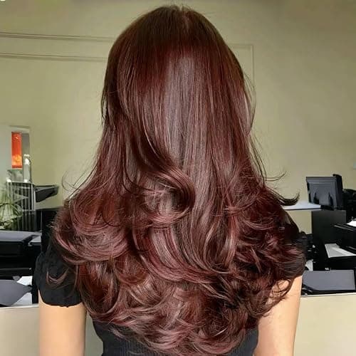 Jolelyne Red Layered Wavy Wig with Curtain Bangs for Black White Women Synthetic Long Burgundy Layered Wig Natural Looking Synthetic Heat Resistant Wigs for Daily Party UseButterfly Haircut Wigs(BUG) thumbnail 5