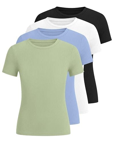 Oakgarden 4 Pack Girls T Shirts 5-14 Years Short Sleeve Ribbed Tops Crew Neck Slim Fit Summer Casual Cute Basic Tees for Kids thumbnail 3