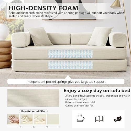 Vanress Convertible Folding Sofa Bed, Modern Futon Sleeper Sofa Fold Out Couch Bed with Gold Fixed Frame, Modular Floor Sofas Comfy Corduroy Boneless Couches for Living Room (78" Beige) thumbnail 6