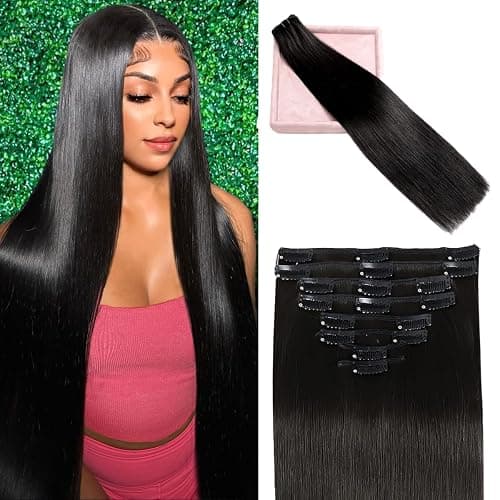 POGINJA Clip in Hair Extensions Real Human Hair, Remy Human Hair Clip in Extensions for Black Women, Invisible Natural Straight Seamless Clip ins Hair Extensions 8pcs Double Weft #1B 22inch 110g - Image 1