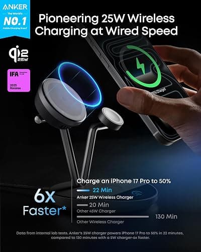 Anker Prime MagSafe Charger Compatible, 3-in-1 Charging Station, Qi2 25W Certified Wireless Charger Dock Stand, Smart Display with TEC Active Cooling, for iPhone 17, Apple Watch, AirPods, and More thumbnail 2