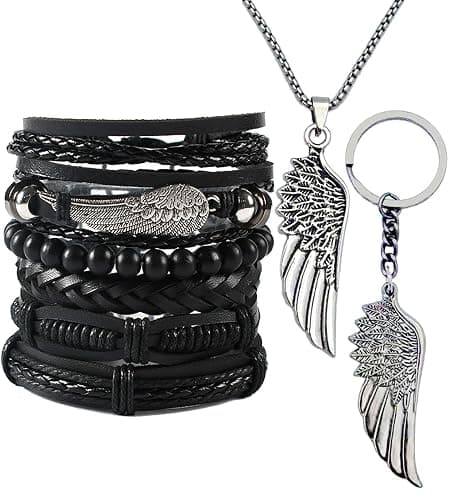 EOQIFJM 8Pcs Punk Leather Bracelet Set for Men & Women, 6Pcs Braided PU Cuffs, Necklace & Keychain, Adjustable, Stackable - Image 1