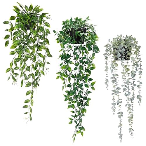 Artificial Hanging Plants 3Pcs Potted Greenery Decor - Grey Eucalyptus Mandala Snow Pea Vine in Pot Plants for Office Farmhouse Home Indoor Outdoor Decor - Image 1