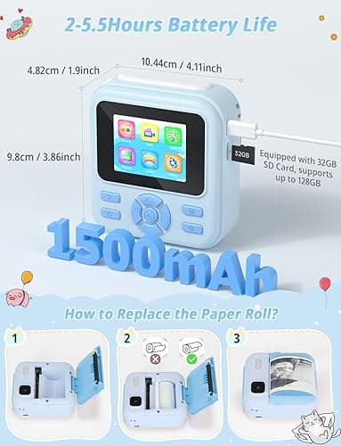 YOHOOLYO Kids Camera Instant Print, 2.4'' Digital Instant Camera for Kids with 32GB Card & 3 Rolls Paper, 1080P HD Video Recording, Birthday Gifts for Boys & Girls Aged 3-12, Blue thumbnail 10