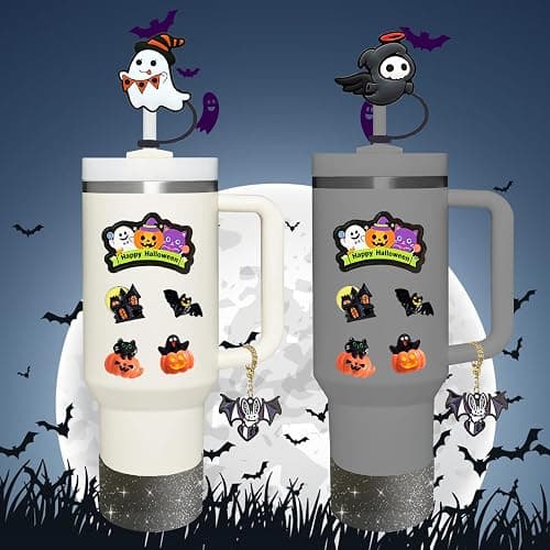 Stanley Cup Accessories Set,Including 3 Pcs 0.4in Halloween Straw Cover, 5 Pcs Halloween 3D&Flat Stickers, 1 Pcs Handle Charm, 1 Silicone Boot Fits Stanley 40&30 Oz Tumbler (Glitter Black) thumbnail 7