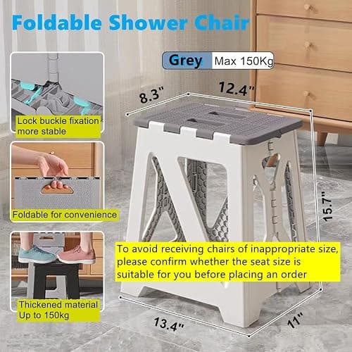 GOYUWEN Foldable Bath Shower Safety Chair Seat Grey, Foldable and Anti-Slip Bench Bathtub Stool for Elderly or Seniors (Foldable ShowerChair 15.7" H Grey, Seat Size 12.4" x 8.3“ thumbnail 2