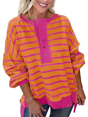 Tankaneo Womens Oversized Striped Sweatshirts Henley Shirts Color Block Casual Pullover Waffle Knit Tops thumbnail 6
