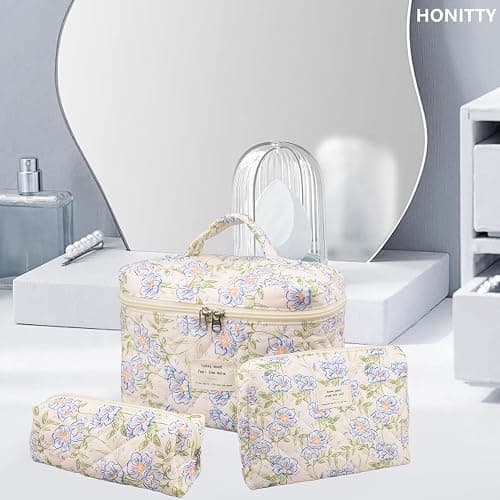 Makeup Bag,Quilted Cosmetic Bags,Large Floral Make Up Organize bag,Makeup Bag Set for Women,Flower Travel Toiletry Bag thumbnail 5