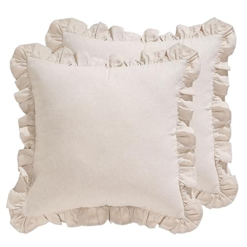 patdrea Shabby Chic Linen Decorative Throw Pillow Covers 18"x18" Set of 2, Farmhouse Linen Pillow Covers with Ruffles, Square Sturdy Throw Pillow Case for Couch Sofa Bed Living Room - Image 1