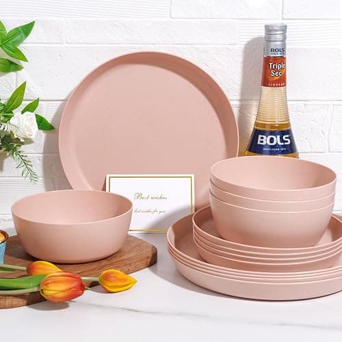 EI 12pcs Pink Wheat Straw Plates,Wheat Straw Dinnerware Set for 4,Plates and Bowls Sets,Plastic Plate Reusable,Unbreakable Plastic Plate Melamine,Camping Family Dishes Set thumbnail 9