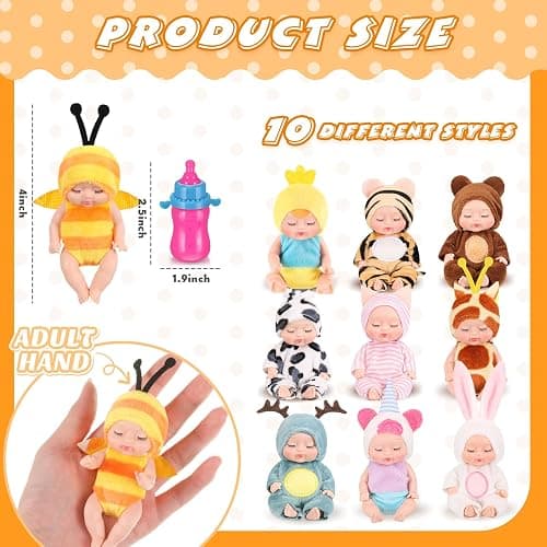 Retrowavy 10 Pcs 4 Inch Mini Baby Dolls Realistic Tiny Baby Doll Animal Clothes Cute Infant Figurine Gifts Set with 10 Pcs Nursing Bottles for Boys Girls Toddlers Kids 3+ Birthday Gift Big Fillers thumbnail 3
